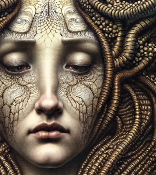 Image similar to detailed realistic beautiful drake goddess face portrait by jean delville, gustave dore, iris van herpen and marco mazzoni, art forms of nature by ernst haeckel, art nouveau, symbolist, visionary, gothic, neo - gothic, pre - raphaelite, fractal lace, intricate alien botanicals, ai biodiversity, surreality, hyperdetailed ultrasharp octane render