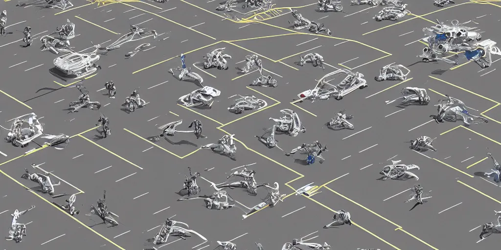 Image similar to a highly detailed photo of robot aliens landing in Walmart parking lot, featured on Artstation