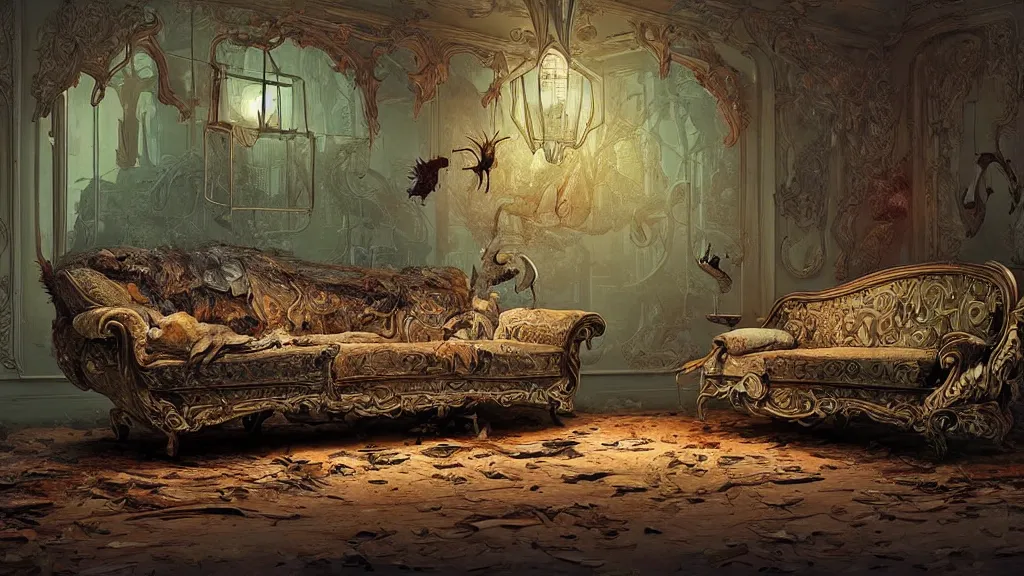 Prompt: a beautiful victorian couch made out of decomposing animals, intricate, detailed, volumetric lighting, sharp focus, photorealism, digital painting, highly detailed, concept art, by roger dean and simon stalenhag and mark brooks