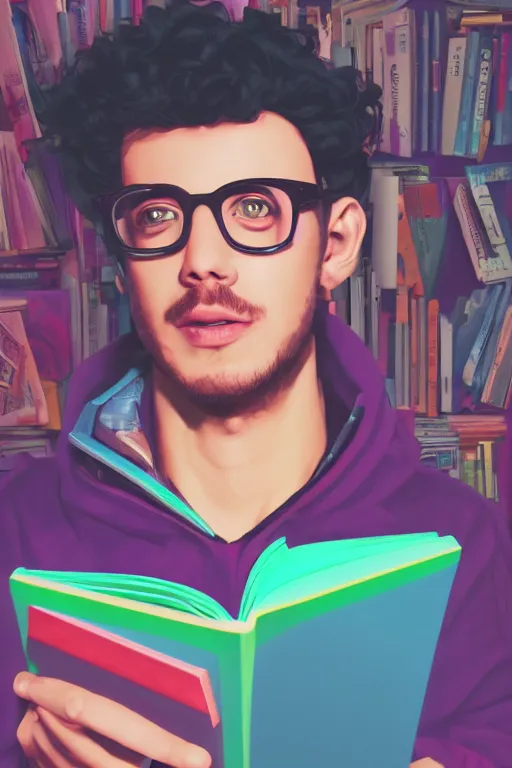 Prompt: digital painting of a magic nerdy guy reading a book in a cluttered messy bedroom, vaporwave, vaporwave colors, perfect face, detailed face, symmetrical face, fantasy, scifi, sci fi,