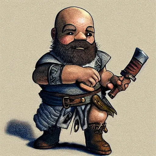 Image similar to bald dwarf with white beard, holding a dagger and bomb, dnd, high detail, fantasy,