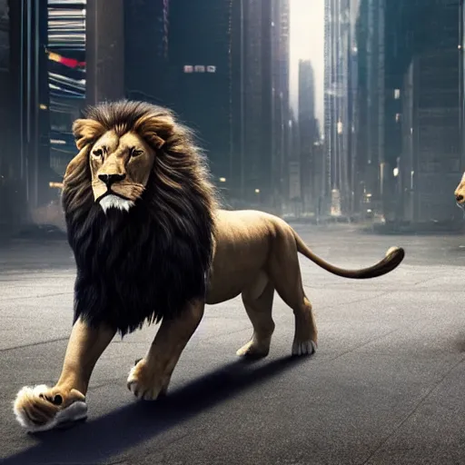 Prompt: a lion attacking john wick in an abandoned urban metropolis, 4 k