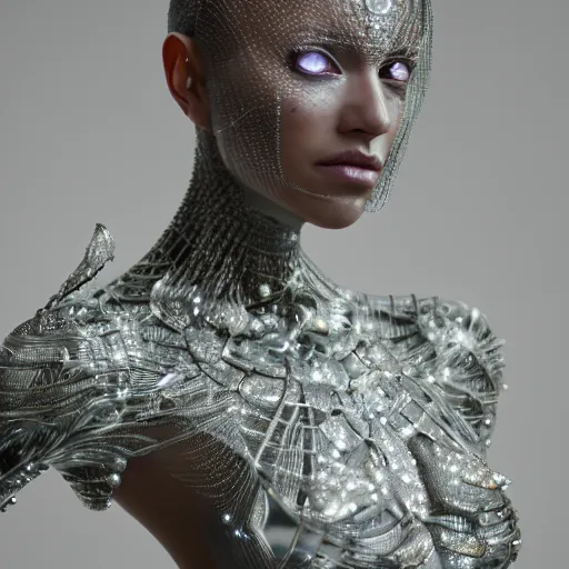 Image similar to full body detailed, ethereal, biomechanical, covered in diamonds and other gems glowing, highly detailed face, elegant posed, intricate, extremy detailed, beeple, cgsociety, 3 d unreal engine octane render. cinematic lighting, highly detailed 4 k art