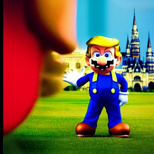 Image similar to uhd candid photo of hyperdetailed photorealistic donald trump dressed as super mario. correct face, cinematic lighting, photo by annie leibowitz, and steve mccurry.