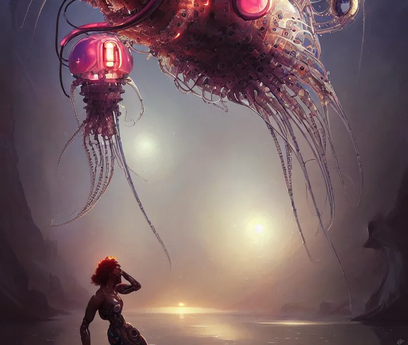 Image similar to Cyborg biomechanical jellyfish, sci-fi, highly detailed, digital painting, artstation, concept art, smooth, sharp focus, illustration, art by artgerm and greg rutkowski and alphonse mucha