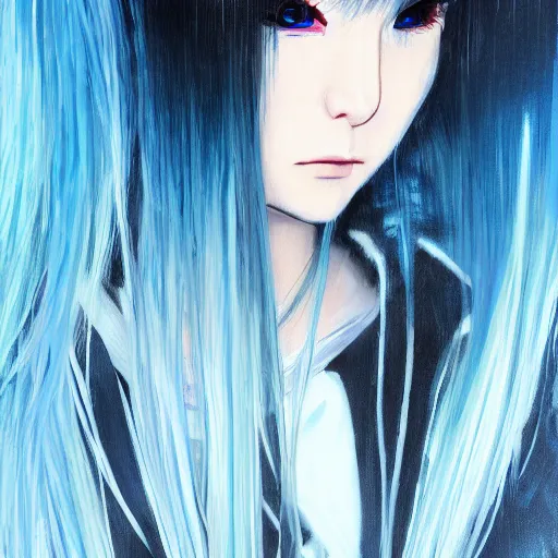 Image similar to full face shot of rimuru tempest, sky blue straight hair, long bangs, with amber eyes, wearing a black jacket, high collar, ultra detailed, concept art, award winning photography, digital painting, cinematic, wlop artstation, closeup, pixiv, evil, yoshitaka amano, andy warhol, ilya kuvshinov,