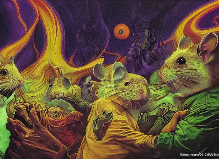 Prompt: psychedelic art of hamsters meeting god, in the style of michael whelan and james gurney and wayne barlowe