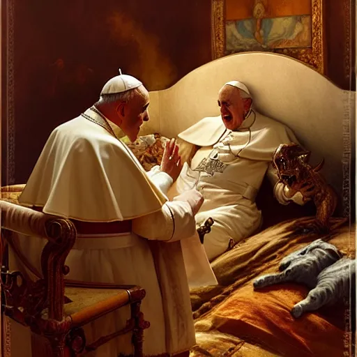 Image similar to the pope is in his bed, nervous and terrified, because a double horned shadow figure from hell is attacking him. highly detailed painting by gaston bussiere, j. c. leyendecker, greg rutkowski, craig mullins 8 k