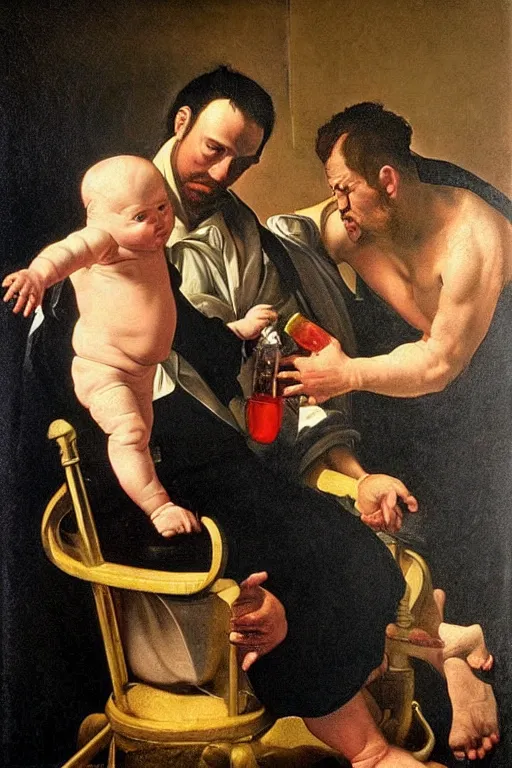 Image similar to hyper realistic oil painting of a handsome man sitting in a gilded chair with tubes coming out of his arm, getting a blood transfusion from a baby in the background. dark. in the style of caravaggio