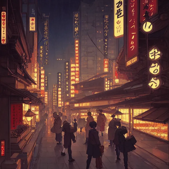 Image similar to empty tokyo at night, winter, in the style of studio ghibli, j. c. leyendecker, greg rutkowski, artem