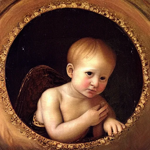 Prompt: Renaissance painting portrait of a cherub