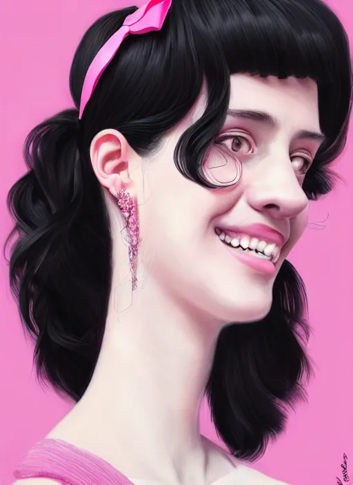 Image similar to portrait of high school girl, realistic, black hair, bangs, half updo hairstyle, pointy nose, skinny, smile, ugly, defined jawline, big chin, pink hair bow, earrings, intricate, elegant, glowing lights, highly detailed, digital painting, artstation, sharp focus, illustration, art by wlop, mars ravelo and greg rutkowski