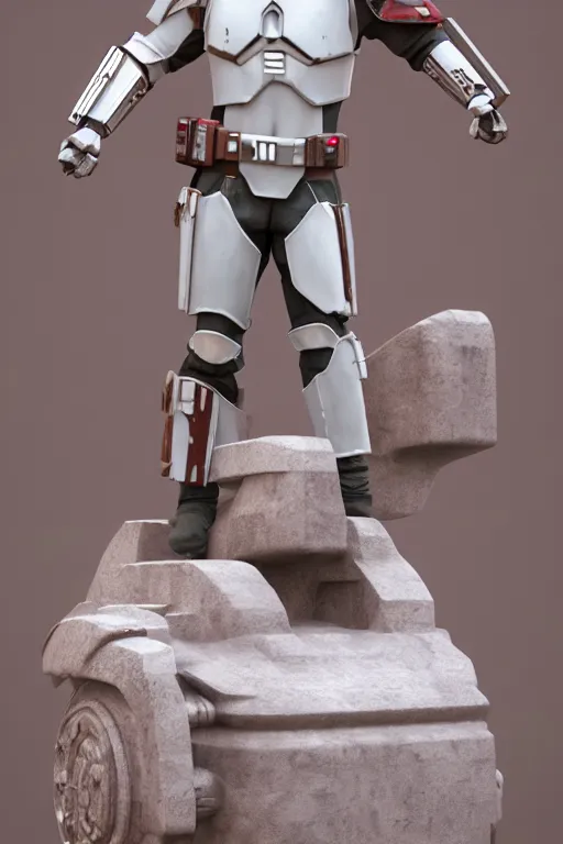 Image similar to mandalorian statue made of white marble standing, 3 d render, octane render, unreal engine, detailed, dynamic light, beautiful, rococo, accents of red