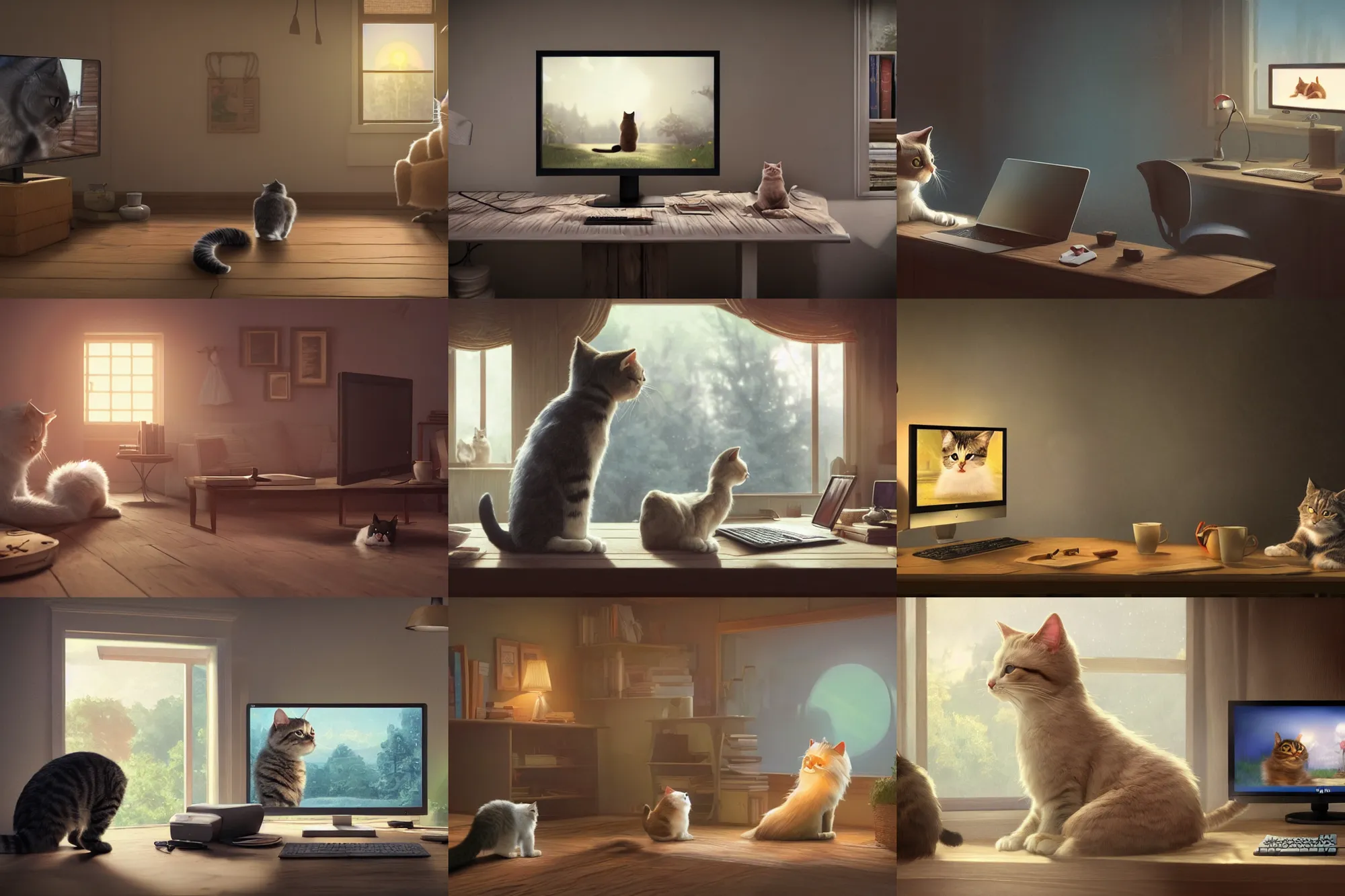 Prompt: a wholesome cottagecore illustration of a cat in a trance looking at the computer monitor create Stable Diffusion AI Art, Discord on monitor, Pixar and Disney animation, sharp, Rendered in Redshift and Unreal Engine 5 by Greg Rutkowski, Bloom, dramatic lighting