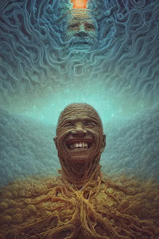 Image similar to 4K Stunningly detailed Ancient Beautiful portrait of a Smile inspired in beksinski and dan mumford work, 4K Upscale remixed with Simon Stalenhag work, sitting on the cosmic cloudscape