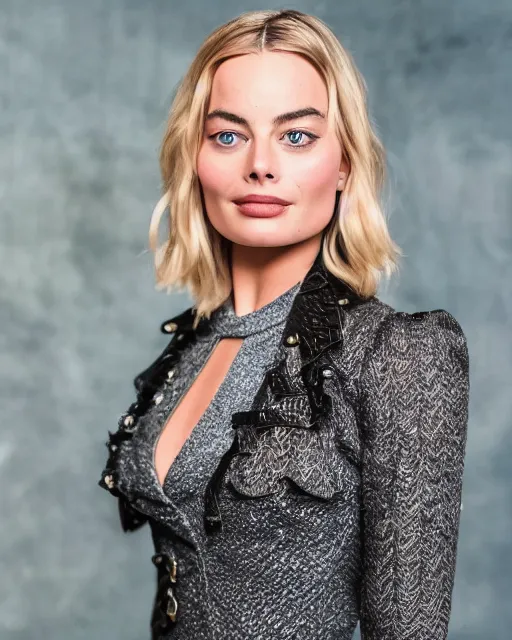 Image similar to A portrait of a margot robbie in a cosplay uniform, piercing eyes, highly detailed, bokeh, professional photograph, full body shot 4K, HD