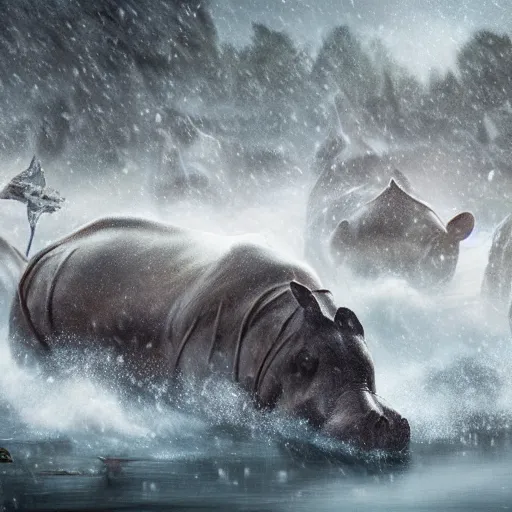 Image similar to fantasy art 4 k photo of hippos in plate mail armor ready for battle in a blizzard