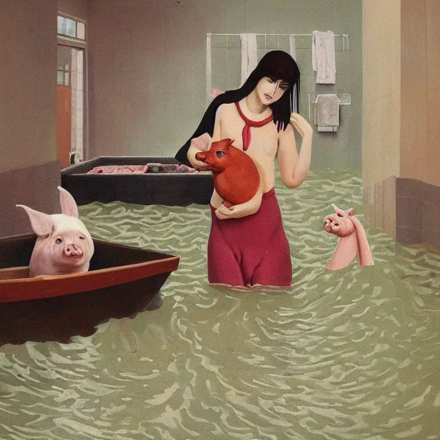 Image similar to tall female emo artist holding a pig in her flooded bathroom, water gushing from ceiling, painting of flood waters inside an artist's bathroom, a river flooding indoors, pomegranates, pigs, ikebana, zen, water, octopus, river, rapids, waterfall, black swans, canoe, berries, acrylic on canvas, surrealist, by magritte and monet