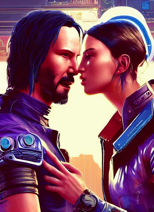 Image similar to a cyberpunk 2077 couple portrait of Keanu Reeves&female android in kiss,love,film lighting,by Laurie Greasley,Lawrence Alma-Tadema,Dan Mumford,artstation,deviantart,FAN ART,full of color,Digital painting,face enhance,highly detailed,8K,octane,golden ratio,cinematic lighting