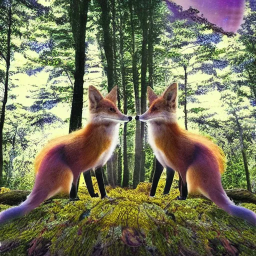 Image similar to an enchanting forest, foxes stand on their hind legs, look at the sky and wave goodbye with their forelegs. there is a purple unidentified flying object in the sky. fantasy. realistic photo. very clear shots.