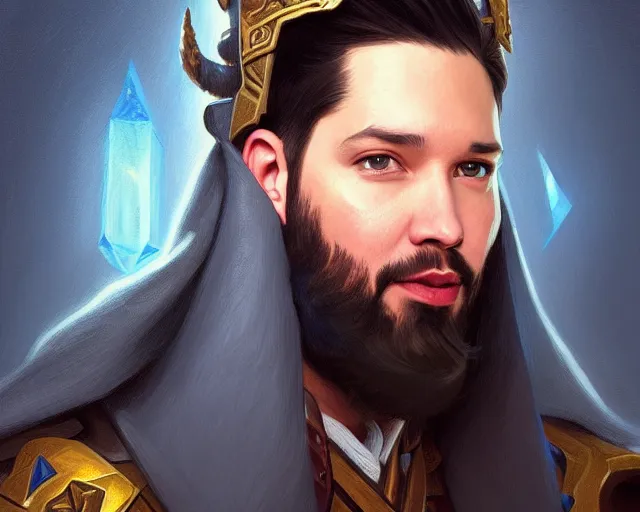 Image similar to amazing portrait of alexis ohanian as a wizard, pointy blue wizard hat, deep focus, symmetrical face, d & d, fantasy, intricate, elegant, highly detailed, digital painting, artstation, concept art, matte, sharp, illustration, hearthstone, art by artgerm and greg rutkowski and alphonse mucha