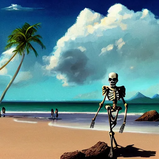 Prompt: Beautiful digital painting portrait of relaxed skeleton walking on the tropical beach with nuclear bomb explosion in the background, by James Gurney, high quality, trending on Artstation, realistic, tropical color scheme, anatomically correct skeleton, high coherence, clear blue sky