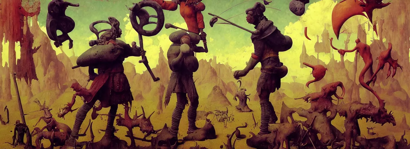Image similar to full - body portrait surreal colorful clay fighting artstation rpg barbarian character concept art anatomy, action pose, very coherent and colorful high contrast masterpiece by norman rockwell franz sedlacek hieronymus bosch dean ellis simon stalenhag rene magritte gediminas pranckevicius, dark shadows, sunny day, hard lighting, reference sheet white! background