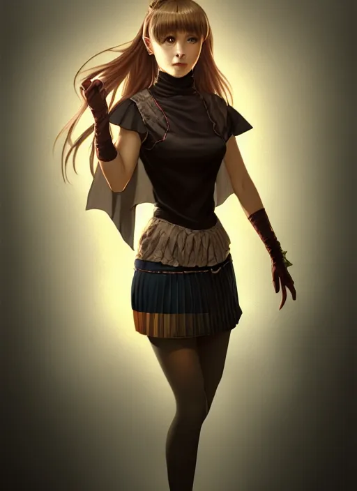 Image similar to portrait of a full body of beautiful young female detective, d & d, sleeveless turtleneck, pleated skirt, fantasy, flat lighting, intricate, highly detailed, digital painting, artstation, concept art, smooth, sharp focus, illustration, misa amane, art by simon bisley and greg rutkowski and alphonse mucha, natural tpose