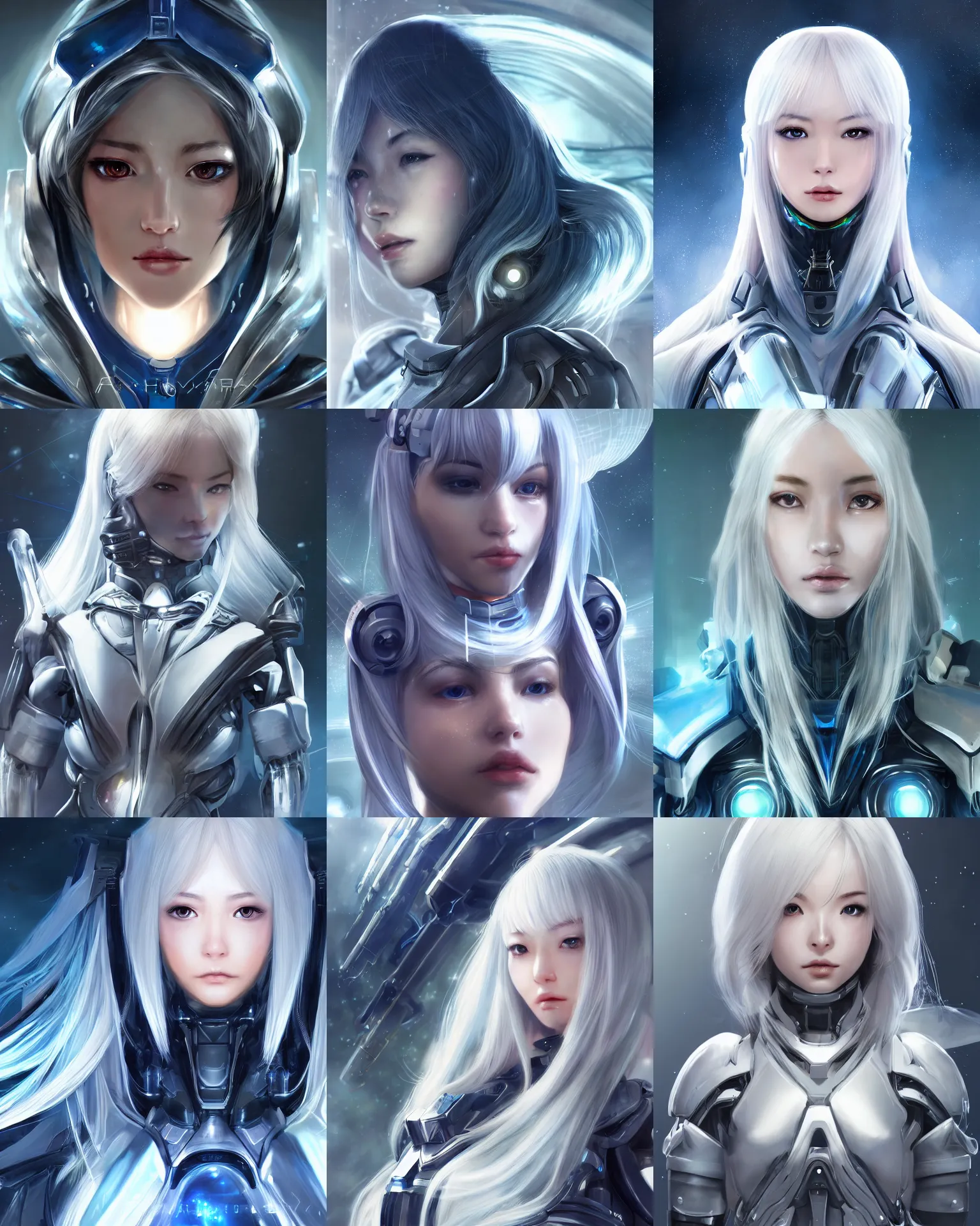 Prompt: detailed portrait of perfect android girl, warframe armor, beautiful face, scifi, futuristic, space station, laboratory, song hye - kyo, dreamy, long white hair, blue cyborg eyes, cinematic lighting, innocent, highly detailed, sharp focus, smooth, artstation, intricate, award winning, pure aura, divine, by akihiko yoshida