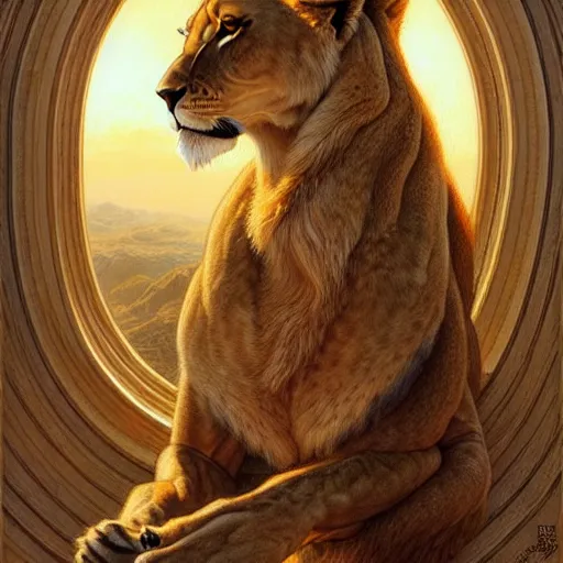 Image similar to highly detailed portrait of a majestic lioness queen in the form of a beautiful woman. d & d, art by donato giancola. trending on artstation, intricate details, energetic composition, golden ratio, concept art, illustration, elegant art, global illuminaition