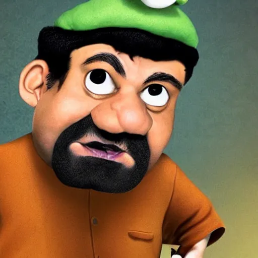 Image similar to beautifully rendered, masterpiece, caricature, claymation, luis guzman as luigi making absurd silly looking faces