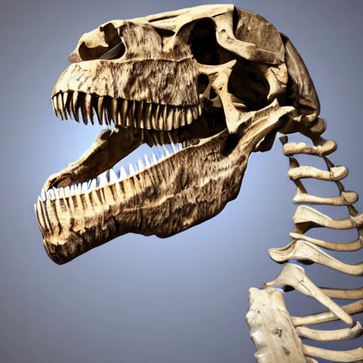 Image similar to hyperrealistic detailed photo of a fossilized tyrannosaurus skeleton, 8 k, located inside of a museum, ambient dim lighting, ultra detailed,