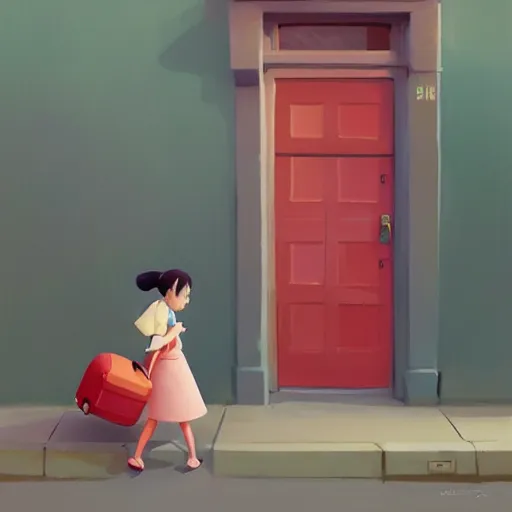 Image similar to goro fujita ilustration cheerful girl taking the suitcases out of her house, painting by goro fujita, sharp focus, highly detailed, artstation