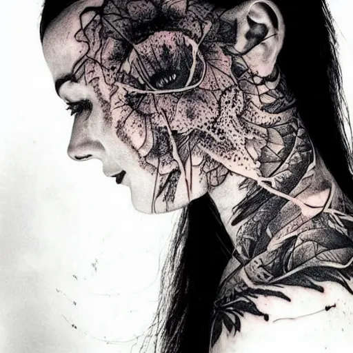 Image similar to realistic tattoo sketch of a beautiful woman face double exposure with amazing mountain scenery