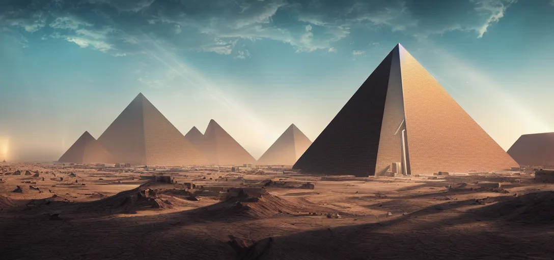 Image similar to view from the desert ground of futuristic brutalist pyramid, with a beam of light at the top shooting up to the sky, light rays, symmetry, cinematic lighting, ultra detailed, sharp, ambient occlusion, bloom, raytracing, by greg rutowski, finnian macmanus and jessica rossier