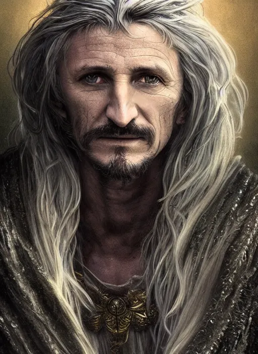 Prompt: Portrait of Sean Penn, white glowing eyes, silver shaggy hair, cloak, ethereal wings, male, fantasy, extremely detailed, digital painting, artstation, concept art, smooth, sharp focus, illustration, stunning lighting, art by artgerm and alphonse mucha and simon stalenhag, realistic character concept, high fantasy, light atmosphere, golden ratio, cinematic lighting, hyperdetailed, high resolution, insanely detailed and intricate, Marc Simonetti, Greg Rutkowski, 8k