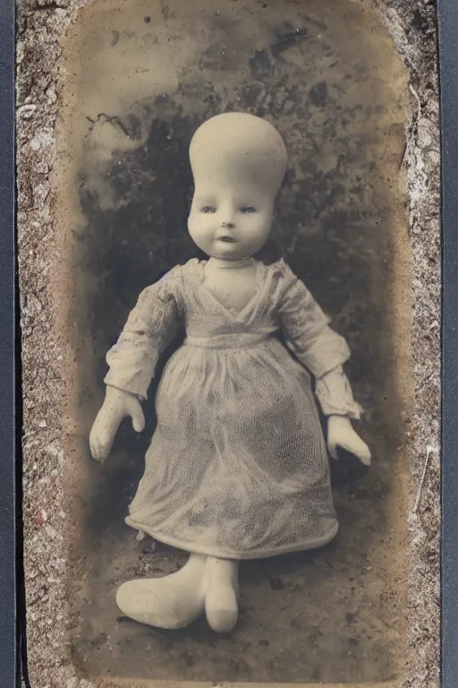 Image similar to dirty cracked crying vintage doll sitting in dirt basement cobwebs tintype photo