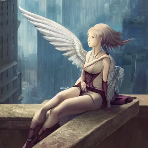 Prompt: a painting of a woman sitting on a ledge with wings, concept art by shingei, cgsociety contest winner, fantasy art, reimagined by industrial light and magic, angelic photograph, made of feathers