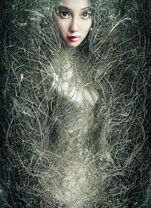 Image similar to double exposure effect, glowing silver and golden elements, female portrait model from shutterstock as a dark witch, book cover, green forest, white moon, red lips, establishing shot, extremly high detail, photo-realistic, cinematic lighting, pen and ink, intricate line drawings, by Yoshitaka Amano, Ruan Jia, Kentaro Miura, Artgerm, post processed, concept art, artstation, matte painting, style by eddie, raphael lacoste, alex ross