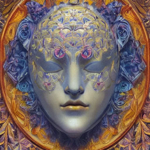 Image similar to masterpiece painting of a facemask made of stylized flowers, by annie swynnerton and jean delville and tino rodriguez, flower mask, symbolist, dramatic lighting, god rays, elaborate geometric ornament, clean crisp graphics, soft cool colors, smooth, sharp focus, extremely detailed