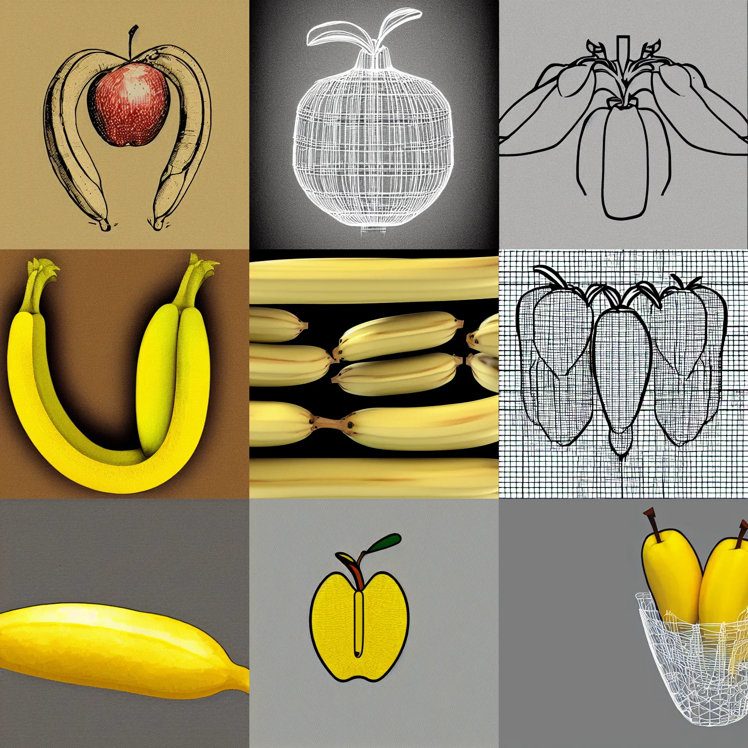 Prompt: wireframe of a banana apple crossbreed, 4 k, illustration