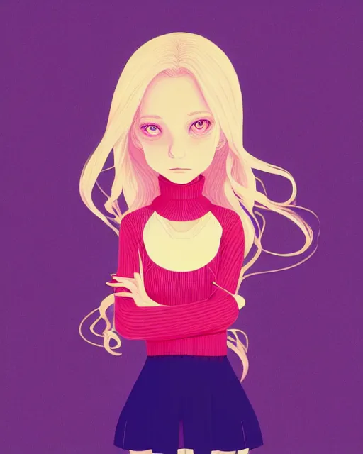 Prompt: digital illustration of pretty girl sa rina with shoulder length blonde hair wearing a sweater, from alice in wonderland, smoking, at night, by ilya kuvshinov, lois van baarle, rossdraws, basquiat