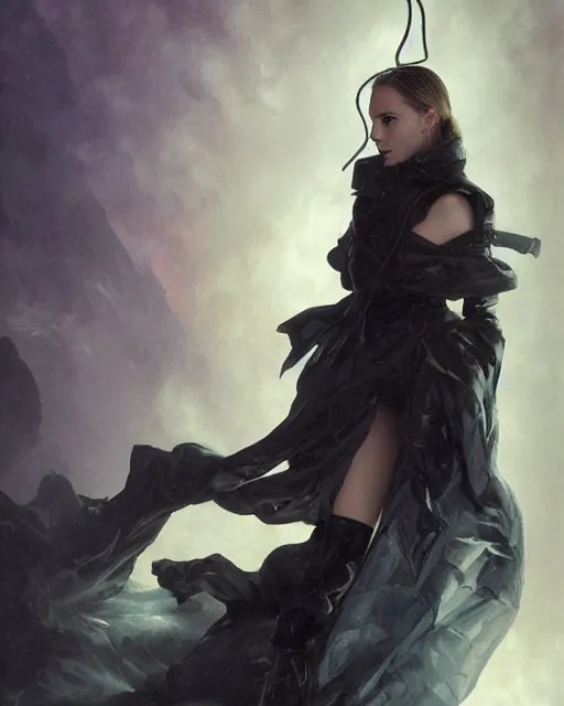 Image similar to beautiful fantasy character portrait, natalie portman, wearing oversized black trench coat, ultra realistic, wide angle, dramatic lighting, vultures, cyberpunk artifacts, highly detailed by peter mohrbacher, hajime sorayama, wayne barlowe, boris vallejo, aaron horkey, gaston bussiere, craig mullins