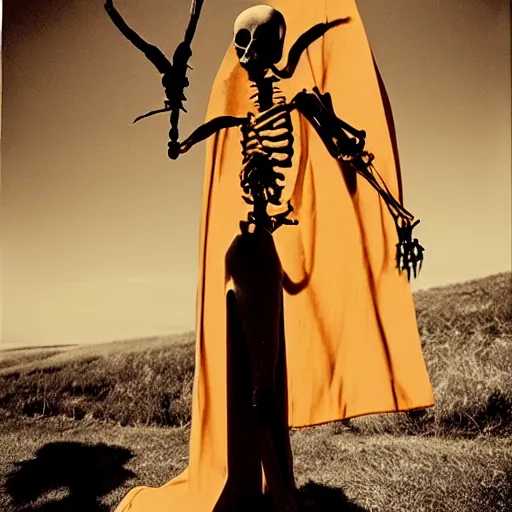 Prompt: by bruce davidson, by andrew boog faithfull redscale photography evocative. a beautiful kinetic sculpture of a horned, red - eyed, skeleton - like creature, with a long black cape, & a staff with a snake wrapped around it, standing in front of a castle atop a cliff.