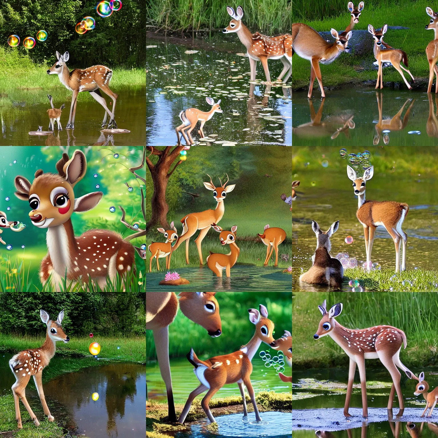 Prompt: bambi and his friends popping bubbles near a pond