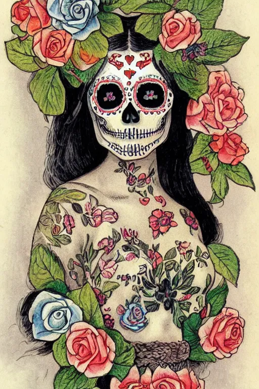 Image similar to Illustration of a sugar skull day of the dead girl, art by charles maurice detmold