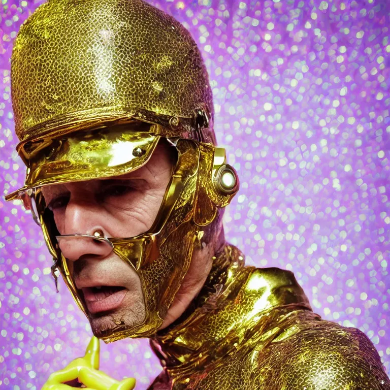Prompt: extreme close - up high fashion portrait octane render by wayne barlow and carlo crivelli and glenn fabry, a dignified older italian techno musician wearing a massive shiny reflective gold and glass and digital displays helmet and a colorful patterned latex suit, sitting in a charming vintage upscale colorful pastel bohemian elegant boutique hotel with beautiful wallpaper, very short depth of field, bokeh
