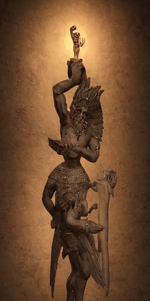 Image similar to enlil sumerian god, holding a strobilus in his left hand, wings, unreal 5, hyperrealistic, realistic, photorealistic, dynamic lighting, highly detailed, cinematic landscape, studio landscape, studio lighting