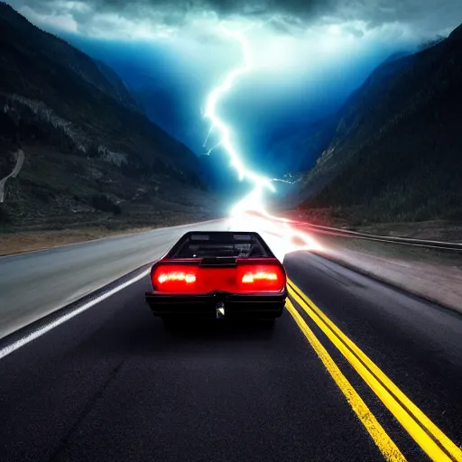 Prompt: black trans - am driving towards the camera, stranger things the upside down, mountain, valley, breathtaking mountains, lake, dynamic, cinematic, motionblur, volumetric lighting, wide shot, low angle, large lightning storm, mindflayer