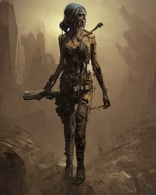 Image similar to hyper realistic photo of postapocalyptic sorceress, full body, horror, cinematic, artstation, cgsociety, greg rutkowski, james gurney, mignola, craig mullins, brom